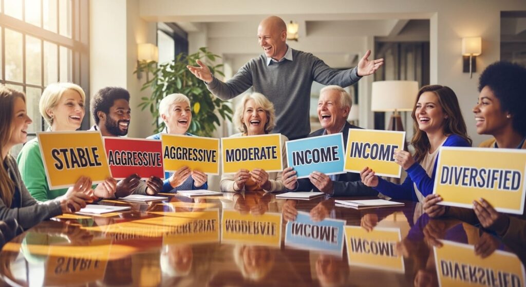 여러 사람이 모여 자신의 투자 MBTI 카드(안정형, 공격형 등)를 보며 토론하는 모습