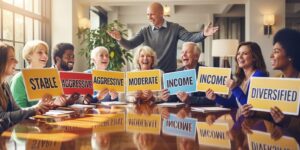 여러 사람이 모여 자신의 투자 MBTI 카드(안정형, 공격형 등)를 보며 토론하는 모습