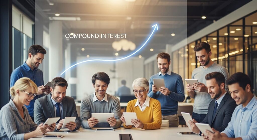 다양한 연령대의 사람들이 태블릿으로 투자 포트폴리오를 평온하게 확인하는 모습, 복리 곡선이 배경에 투영됨