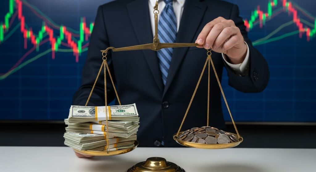 거치식(목돈)과 적립식(분할) 투자를 저울로 균형 잡는 금융 전문가의 손