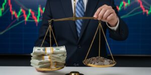 거치식(목돈)과 적립식(분할) 투자를 저울로 균형 잡는 금융 전문가의 손