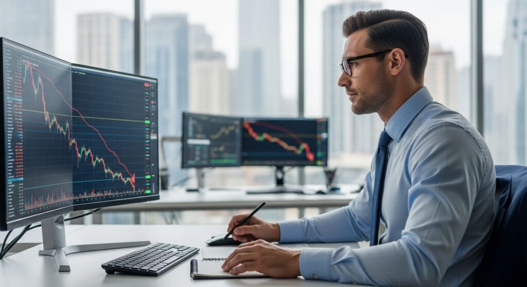 주가 폭락 차트를 차분하게 검토하는 30대 남성 금융 분석가
