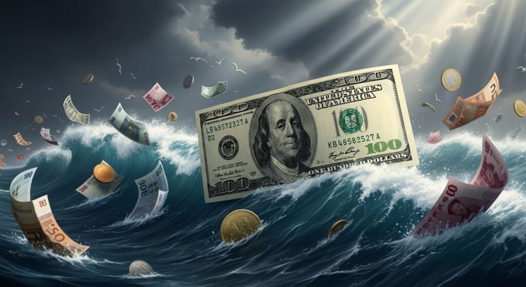 격랑의 경제 위기 속에서 다른 통화들을 배경으로 안정적으로 떠 있는 달러 지폐 모양의 구명보트.