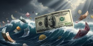 격랑의 경제 위기 속에서 다른 통화들을 배경으로 안정적으로 떠 있는 달러 지폐 모양의 구명보트.