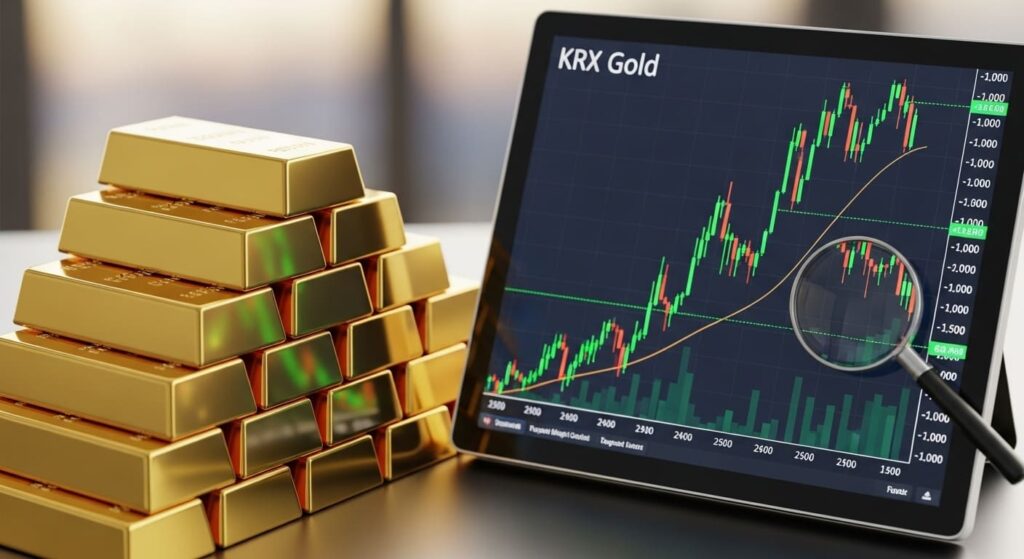 황금 막대(골드바)와 KRX 금 시장의 상승 그래프를 보여주는 화면, 안전 자산으로서의 금 투자를 시각적으로 표현
