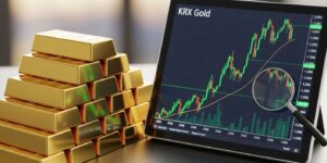 황금 막대(골드바)와 KRX 금 시장의 상승 그래프를 보여주는 화면, 안전 자산으로서의 금 투자를 시각적으로 표현