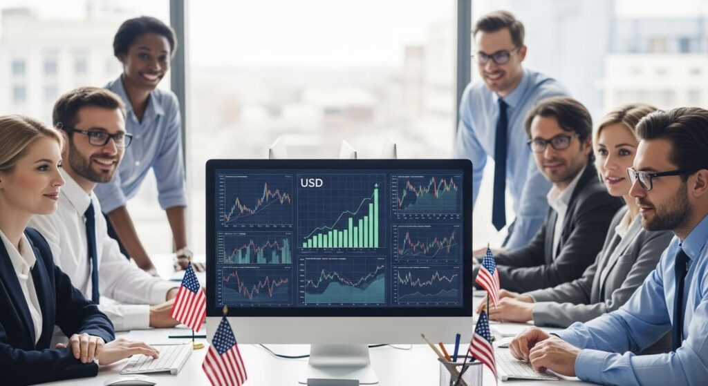 안정적인 달러 차트를 보며 안심하는 투자자들이 달러 투자 성공을 논의하는 모습.