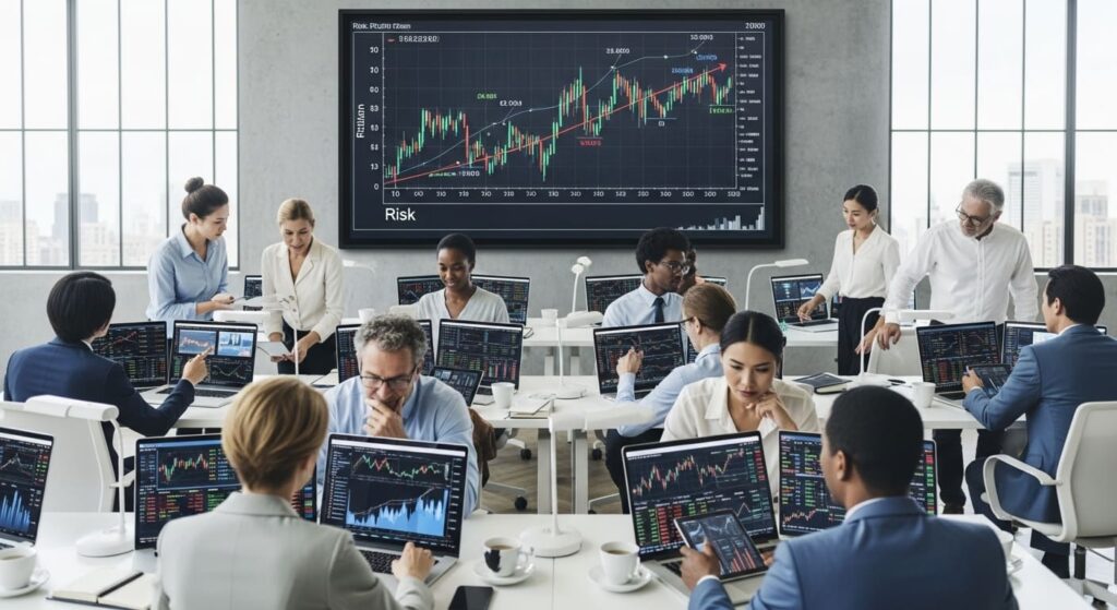 투자자들이 위험-수익 그래프를 보며 투자 전략을 논의하는 모습