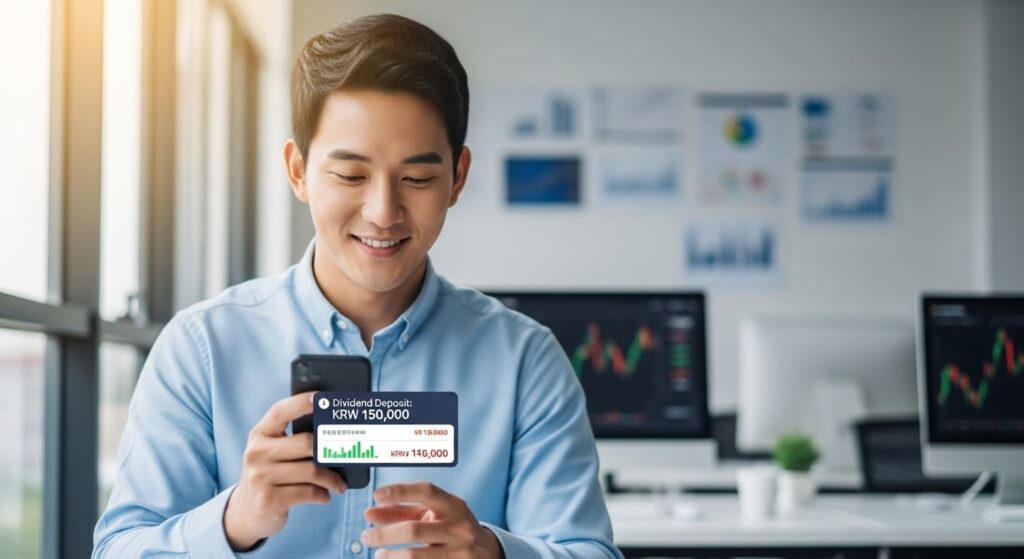 스마트폰으로 배당금 입금 알림을 확인하는 투자자