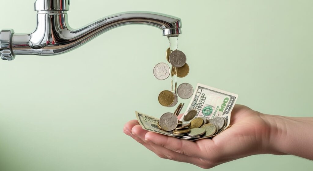 안정적인 배당금 현금 흐름을 상징하는 수도꼭지와 동전