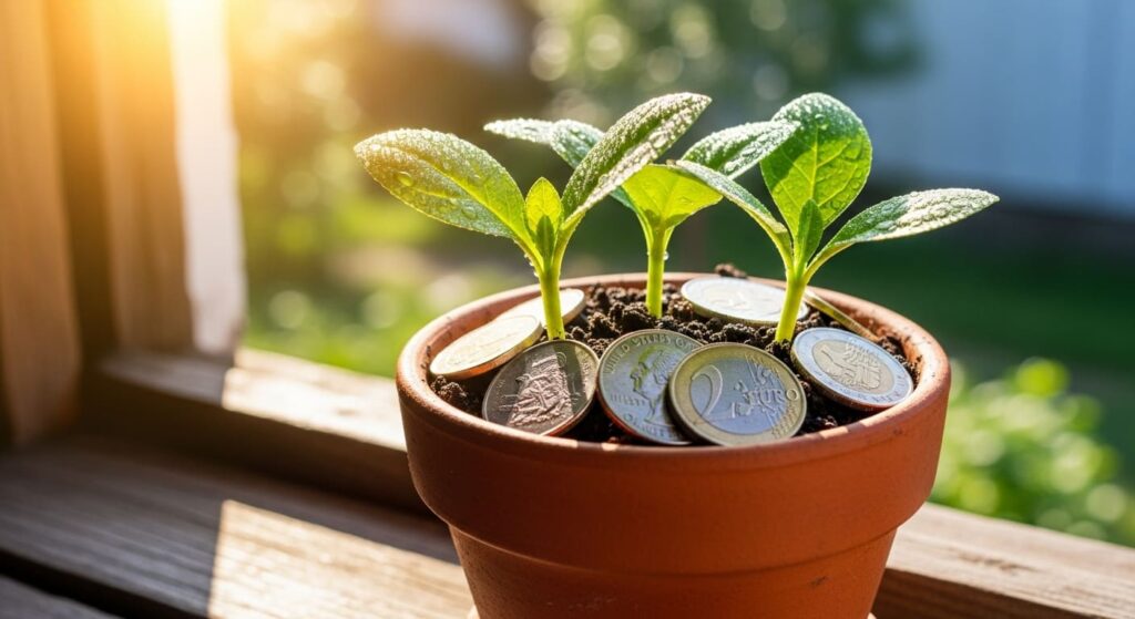 동전 화분에서 자라는 새싹, 주식 투자의 장기적인 성장을 상징.