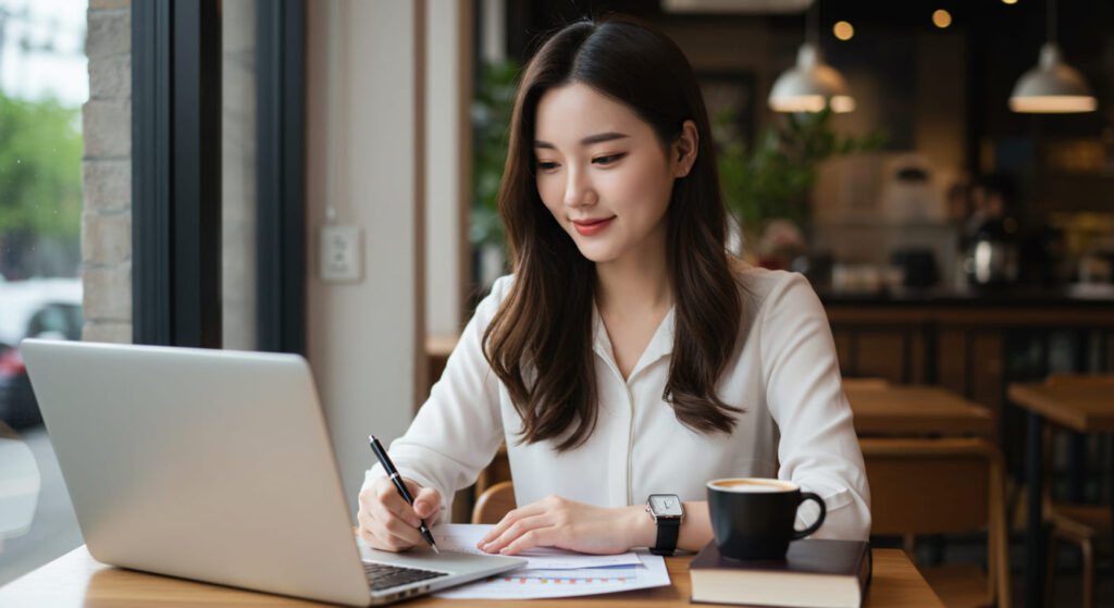 카페에서 노트북으로 주식 공부를 하는 여성 투자자.