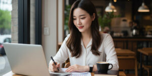카페에서 노트북으로 주식 공부를 하는 여성 투자자.