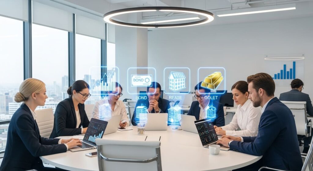 투자자들이 모여 주식, 채권, 부동산, 금 시장 데이터에 대해 논의하는 장면.