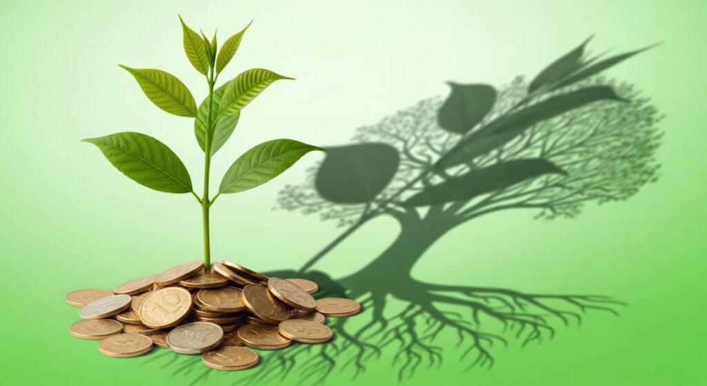 동전 더미에서 자라나며 상승 그래프 그림자를 만드는 새싹