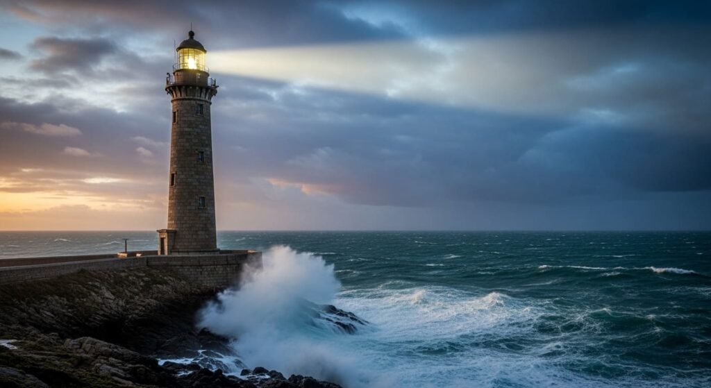 폭풍우 속에서 길을 안내하는 등대, 투자 원칙의 중요성을 상징