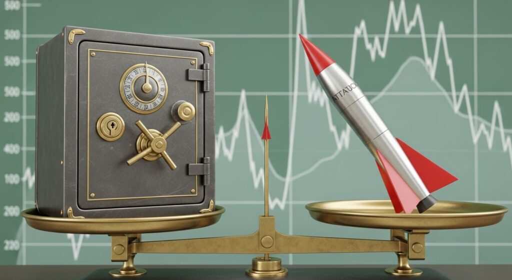 안정형(금고)과 공격형(로켓)이 저울 위에서 균형을 이루는 이미지