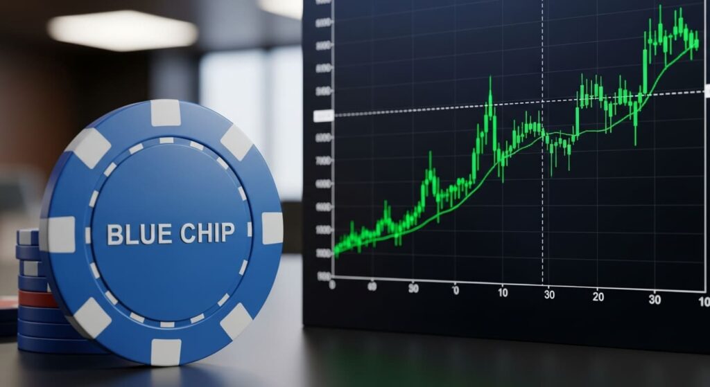 안정적인 성장을 상징하는 우량주(블루칩)와 주식 시장 그래프