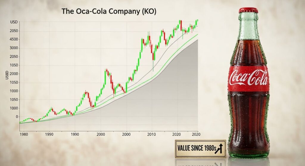 수십 년간 상승하는 코카콜라 주가 그래프와 코카콜라 병