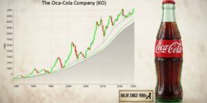 수십 년간 상승하는 코카콜라 주가 그래프와 코카콜라 병