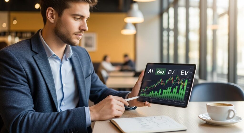 태블릿 PC로 미래 유망 성장주 데이터를 분석하는 투자자