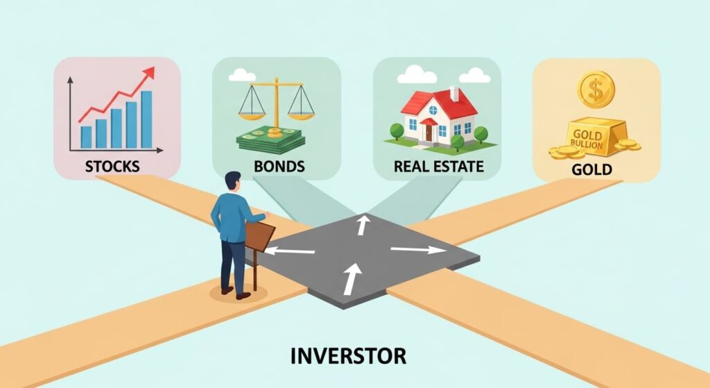 투자자가 주식, 채권, 부동산, 금 네 가지 자산 클래스 사이에서 투자 결정을 내리고 있는 모습