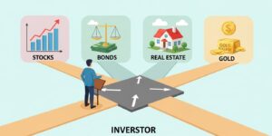 투자자가 주식, 채권, 부동산, 금 네 가지 자산 클래스 사이에서 투자 결정을 내리고 있는 모습