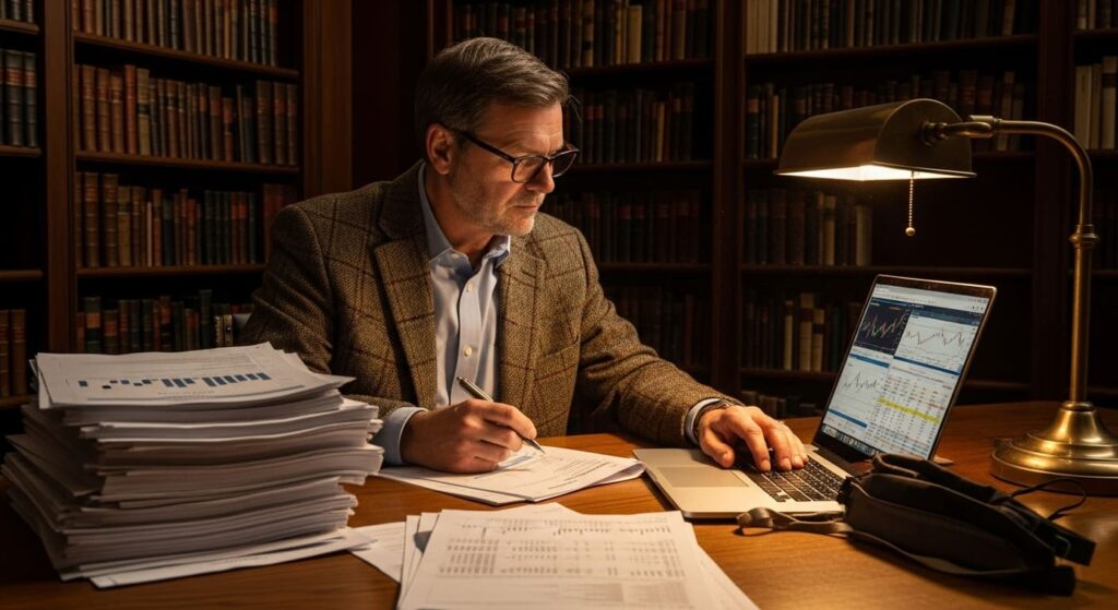 도서관에서 재무 보고서를 분석하는 가치투자자