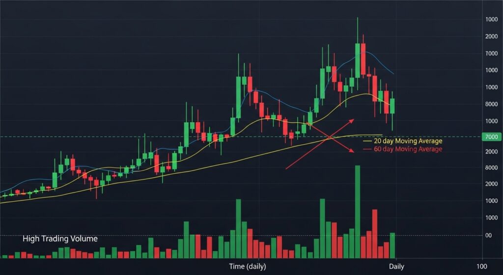 골든 크로스 패턴과 높은 거래량을 보여주는 명확한 캔들차트 이미지