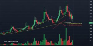 골든 크로스 패턴과 높은 거래량을 보여주는 명확한 캔들차트 이미지