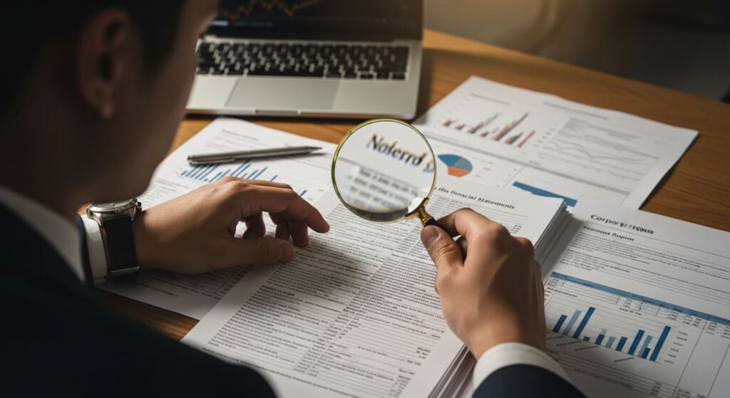 돋보기로 재무제표를 분석하는 투자자