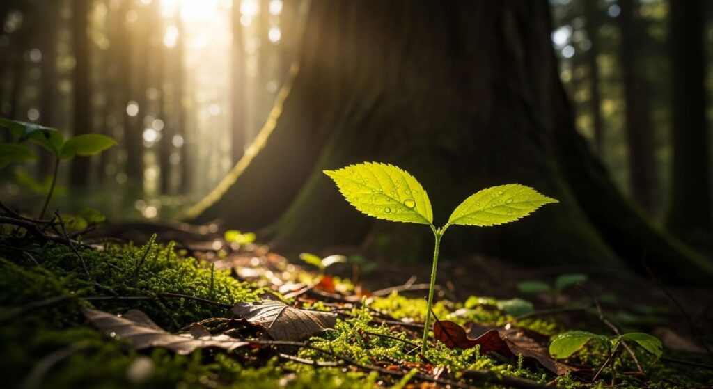 울창한 숲 속에서 자라나는 작은 묘목