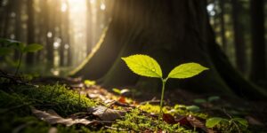 울창한 숲 속에서 자라나는 작은 묘목