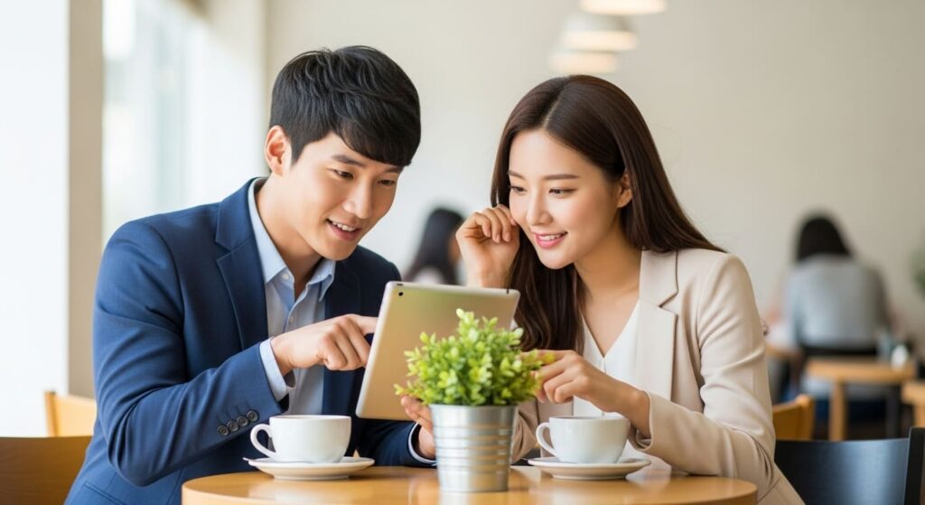 두 명의 투자자가 카페에서 태블릿으로 재무제표를 보며 토론하는 모습