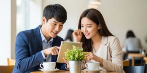 두 명의 투자자가 카페에서 태블릿으로 재무제표를 보며 토론하는 모습