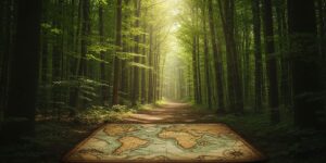 녹색 숲 속의 고대 보물 지도, 투자 가치 탐색을 상징하는 이미지