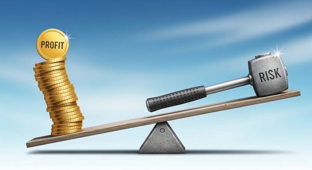 위험과 수익의 상충관계를 나타내는 시소 위의 금화와 철퇴