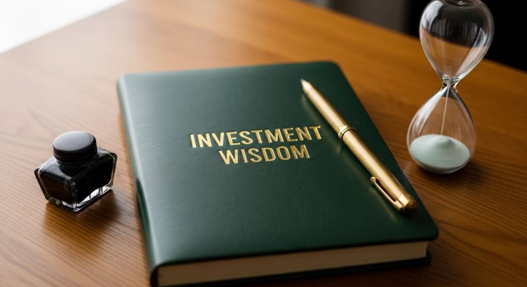 고전적인 가죽 노트북과 잉크 펜, 모래시계가 놓인 책상으로 투자의 지혜와 인내를 상징