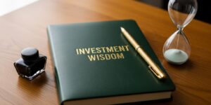 고전적인 가죽 노트북과 잉크 펜, 모래시계가 놓인 책상으로 투자의 지혜와 인내를 상징