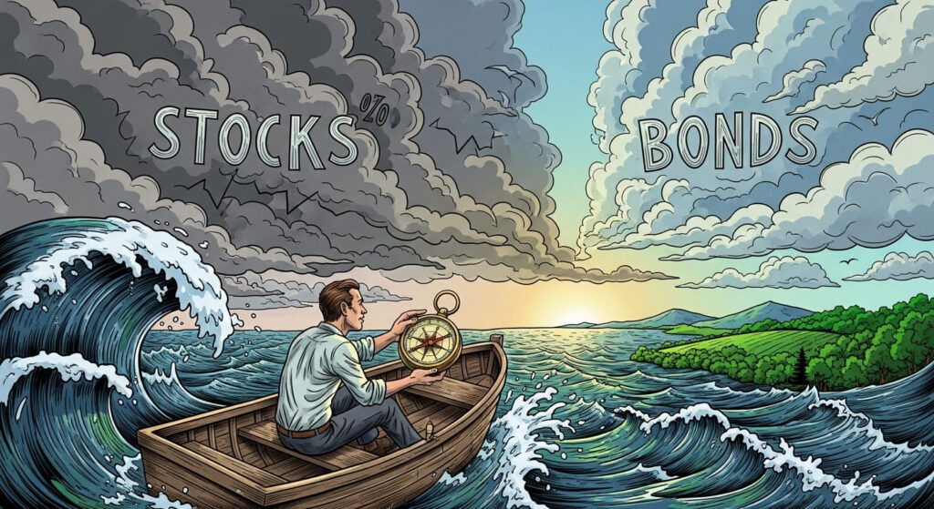 금융 시장의 격랑 속에서 나침반을 들고 균형 잡힌 포트폴리오 비중을 확인하는 투자자의 모습