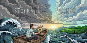 금융 시장의 격랑 속에서 나침반을 들고 균형 잡힌 포트폴리오 비중을 확인하는 투자자의 모습