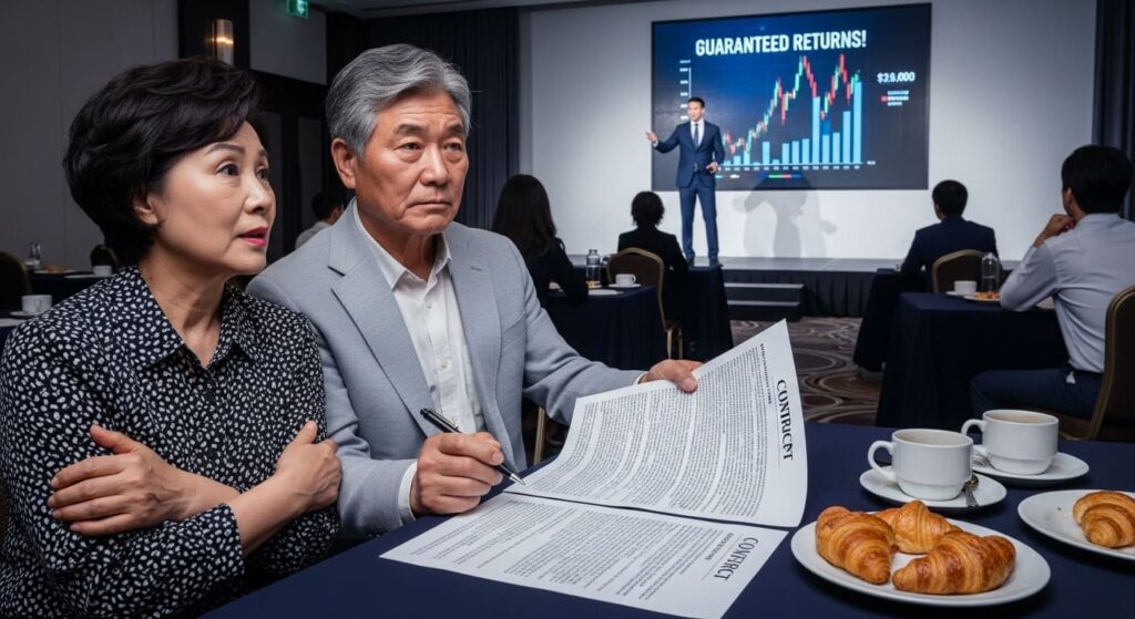 투자 사기 설명회에서 불안해하며 계약서에 서명하는 노부부.