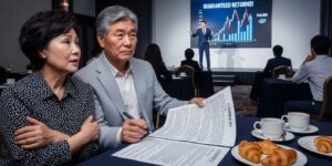 투자 사기 설명회에서 불안해하며 계약서에 서명하는 노부부.