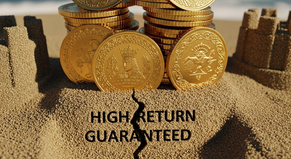 무너지는 모래성 위의 금화 더미, 폰지사기의 위험성을 상징.