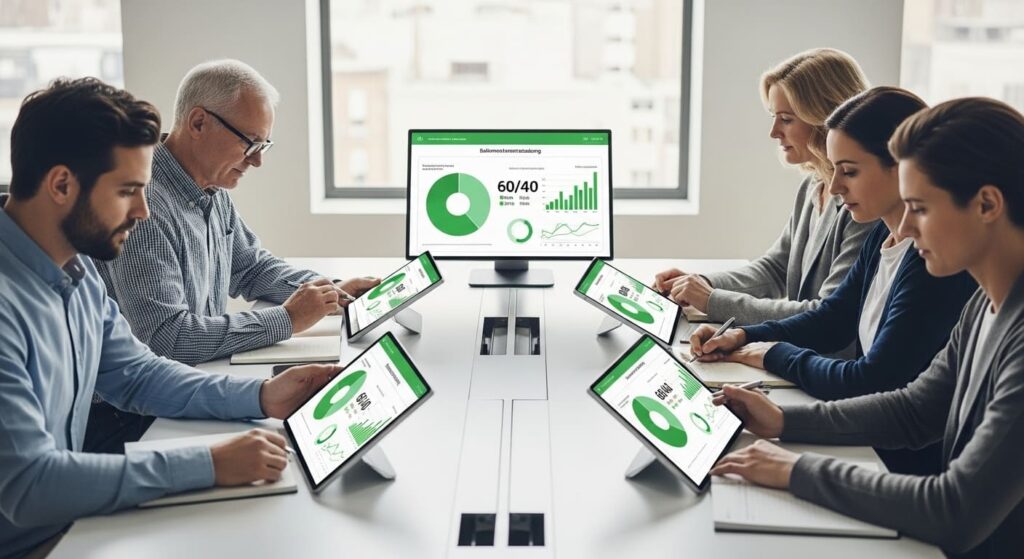 다양한 연령대의 사람들이 모여 체계적인 리밸런싱 차트를 분석하는 모습