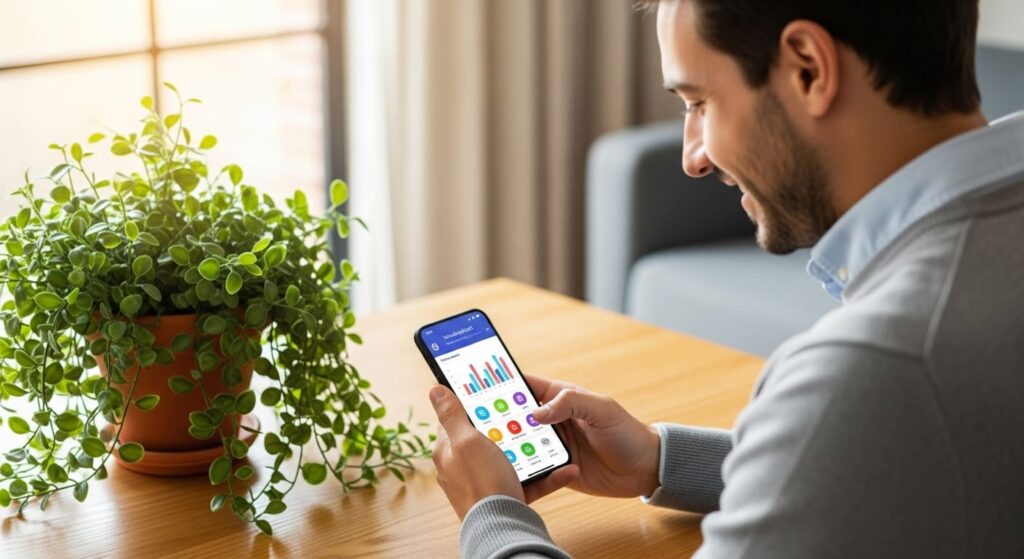 스마트폰으로 가계부를 확인하는 직장인