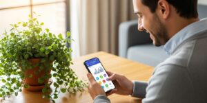 스마트폰으로 가계부를 확인하는 직장인