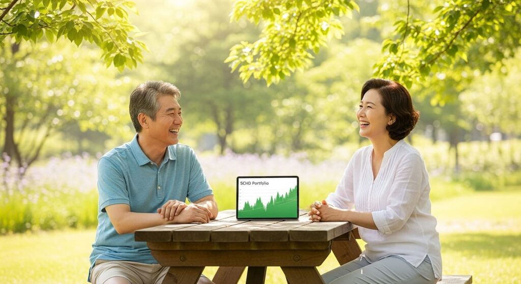 태블릿으로 SCHD 배당금 내역을 확인하며 만족스럽게 웃는 중년 부부.