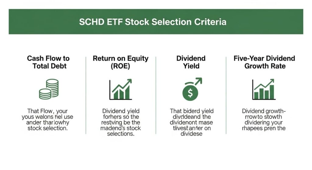 SCHD ETF의 4가지 재무 건전성 및 배당 성장성 평가 기준을 나타내는 다이어그램. 