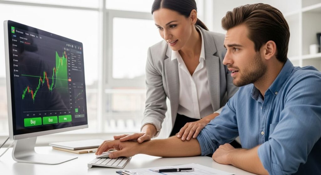 젊은 투자자가 급등하는 주식을 매수하려는 것을 금융 전문가가 제지하는 모습